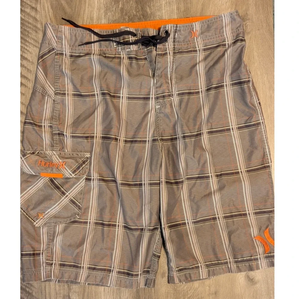 Hurley Mens Plaid Board Shorts Green Orange Plaid Swim Trunks Size 34-36